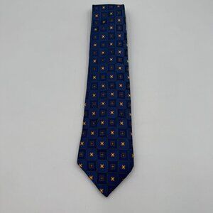 W.H. Belk Handmade 100% Silk Blue Tie With Orange & Yellow Floral Geometric